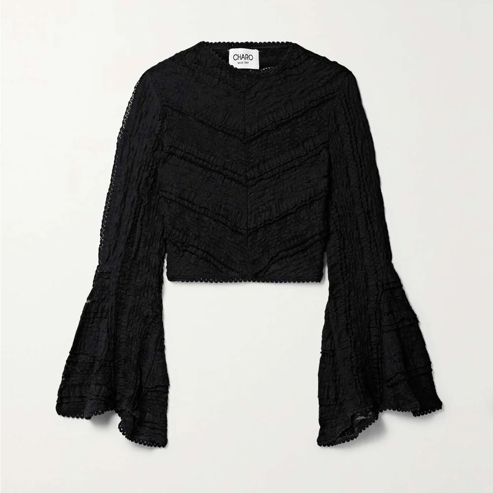Charo Ruiz Black Cropped Lace Top with Flared Sleeves - Picture 2 of 8